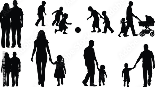 Black Silhouette Set of Happy Families with Parents Walking Children and Baby Strollers Plus Kids Playing Ball Together Isolated on White Background for Design