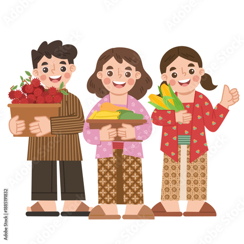 Three cartoon people holding baskets of fresh produce with smiling faces on black background