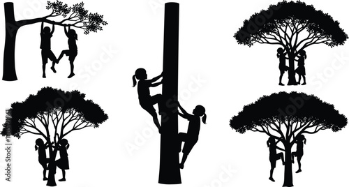 Black silhouettes of children interacting with domestic pets including boys and girls petting dogs and cats isolated on white background for animal care concepts