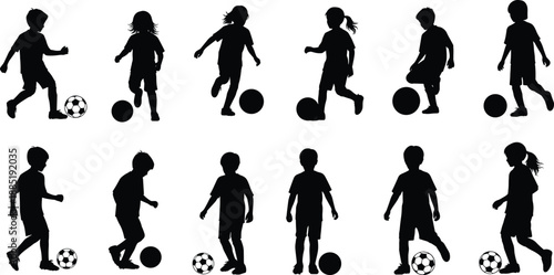 Set of black silhouettes of children playing soccer football isolated on white, boys and girls dribbling and kicking ball in different active poses for sports.