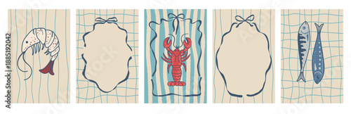 Decorative Italian seafood frame illustration inspired by Amalfi Coast. Whimsical lace border for summer menu design, food poster, kitchen print and coastal art.