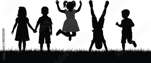 Black silhouettes of happy children playing together in the grass including jumping running doing handstands and holding hands isolated on a white background