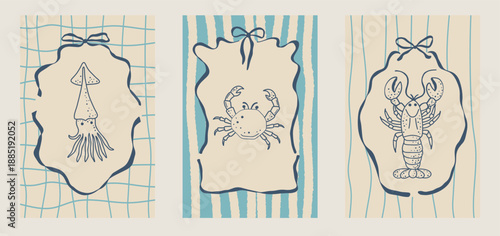 Whimsical lace frame illustration inspired by Italian summer, seafood and beach picnic. Decorative border for menu, food poster, kitchen print and coastal art.