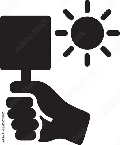 Hand holding a square shade panel before the sun, silhouette icon symbolizing active sun protection.