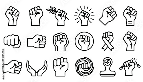 Set of 15 black icons representing raised fists and hand gestures symbolizing protest and unity on transparent