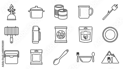 Set of outline hiking and camping equipment line art vector illustration