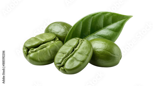 Green coffee beans with leaves on white background transparent background
