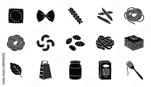 Set of 15 black icons illustrating various types of pasta and kitchen tools on a transparent background
