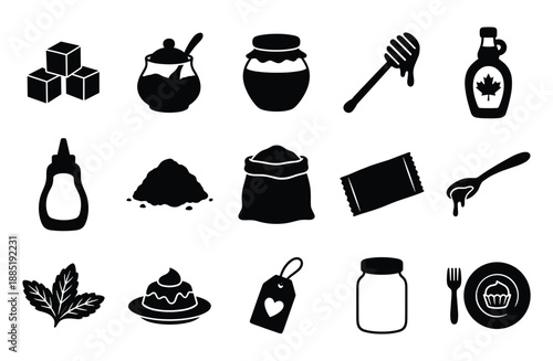 Collection of 15 black icons showing sugar, honey, maple syrup, and sweets on a transparent background