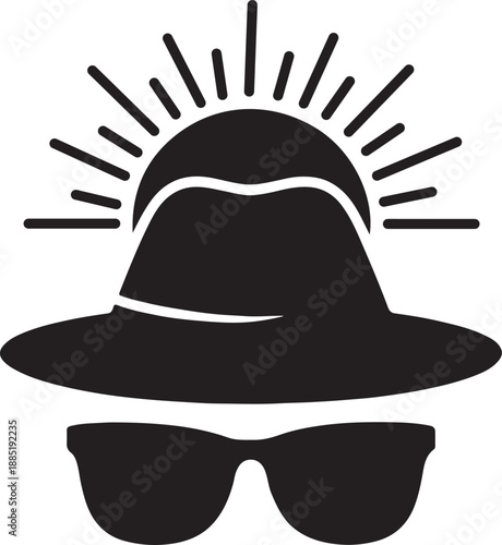Hat and sunglasses merged as one shadow blocking the sun, lifestyle silhouette icon for sun safety.