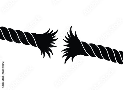 Illustration of a broken rope in black silhouette, representing separation and breaking point on transparent