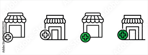 Add store icon set in outline and filled styles for e-commerce and business management vector.