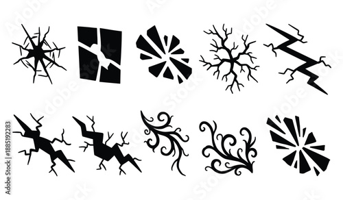 Set of black silhouette broken glass effect, shattered surface, and crack texture