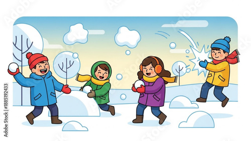 Children playing snowball fight in winter fun outdoor activity cartoon illustration for holiday greeting cards and seasonal design