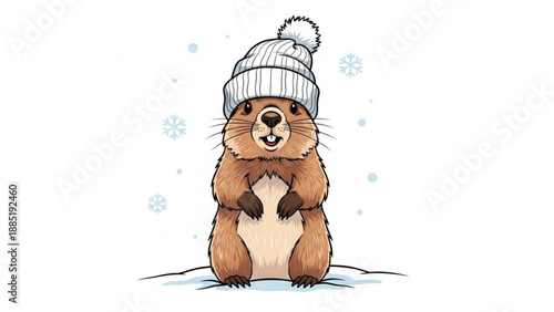Cute groundhog wearing a winter hat standing in snow with snowflakes perfect for seasonal greetings and childrens illustrations