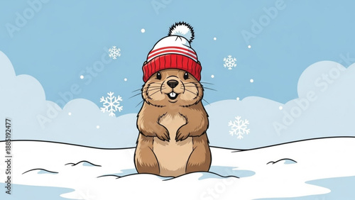 Cute groundhog wearing a winter hat in the snow celebrating Groundhog Day a charming illustration for seasonal promotions
