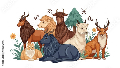 Collection of zodiac animal symbols including Taurus Leo Aries and Capricorn for astrology and horoscope design isolated on white