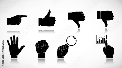 Collection of Hand Gestures and Icons Representing Communication and Feedback.