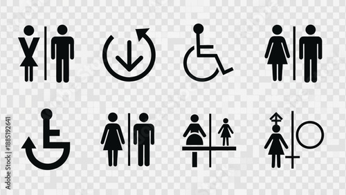 Collection of restroom and accessibility signs.