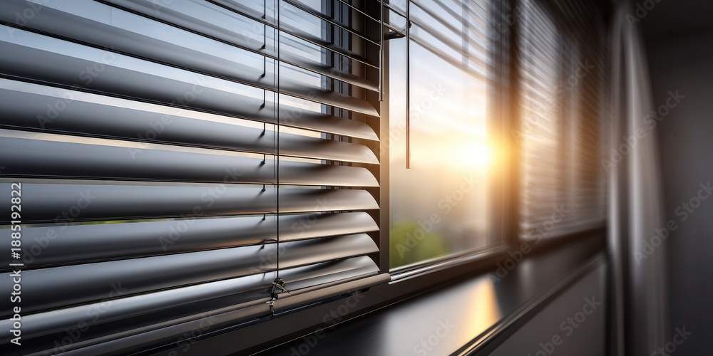 Obraz premium Sunrise view through partially open window blinds with natural light shining inside a room with morning sunlight