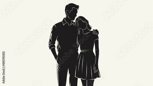 Silhouette Couple Embracing Affectionately Against Plain Background.