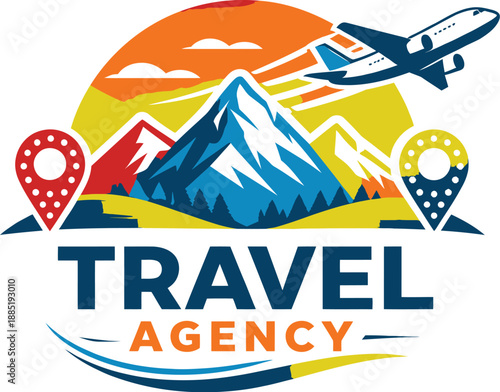 Vibrant travel agency logo with mountain peak, airplane, sunset sky and location pins. Perfect for tour operators, trip planners, holiday brands and travel startups.