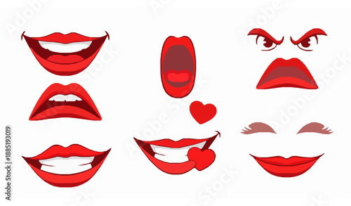 Expressive red lips vector collection isolated on white
