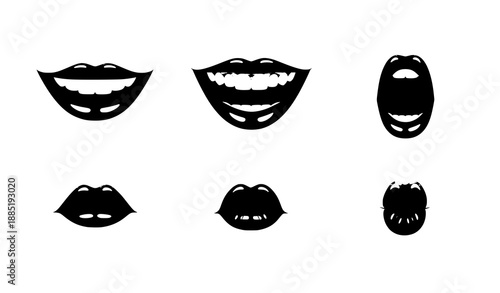 Female red lips emotion icon vector set isolated