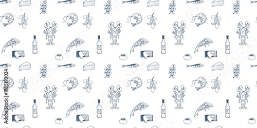 Hand drawn seamless pattern featuring lemons, olive branches, seafood and Italian coastal cuisine in a fresh summer style.