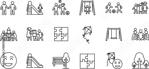 Vector Line Icon Set of Children Playing Outdoors Featuring Kids on Slides Swings Flying Kites Solving Puzzles and Playing Sports Isolated on White Background