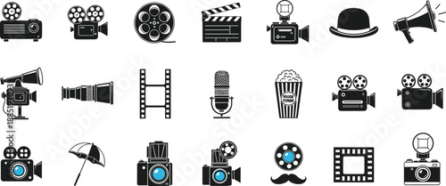 Vintage Cinema and Movie Production Icon Set Featuring Retro Cameras Projectors Film Reels Megaphone Popcorn Clapperboard and Photography Equipment in Flat Black Vector Style