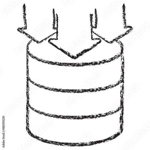 Vector database import and download icon with arrows. Dark brown textured charcoal sketch in a linear style on transparent background. Data collection, backup, and upload concept