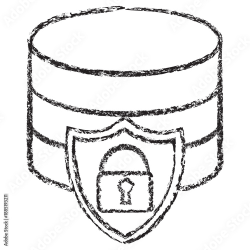 Vector database security icon with shield and lock. Dark brown textured charcoal sketch in a linear style on transparent background. Cyber security and data protection concept