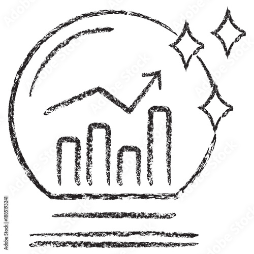 Vector icon of a growth chart inside a magic ball. Dark brown charcoal sketch on transparent background style. It represents financial forecasting, business success, and future market predictions