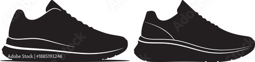 Pair of modern athletic sneakers, sleek design in silhouette, isolated on white background, vector illustration.