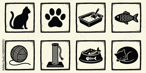 Black and White Cat Care Icons Set in Woodcut Style