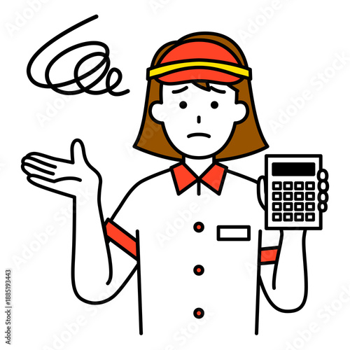 電卓を持って不満そうにするファストフード店の女性店員