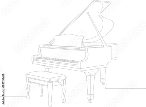 Continuous single line drawing of a luxury wooden grand piano in minimalist black and white vector style.
Minimal Line Art Grand Piano with Bench Illustration.