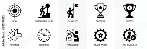 Collection of business success and teamwork icons.