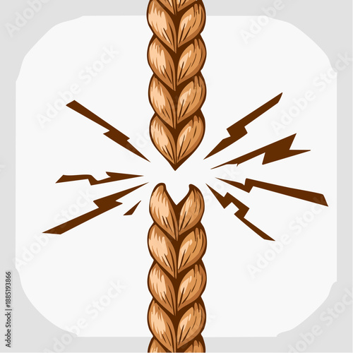 Fraying rope breaking under stress and tension.