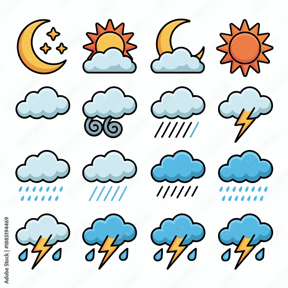 Obraz premium Weather forecast icons set with clouds.