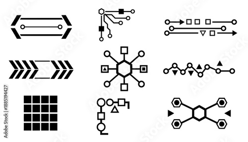 Abstract circuit connections set featuring data network nodes, arrow dividers, and grid patterns for futuristic digital interface design projects.
