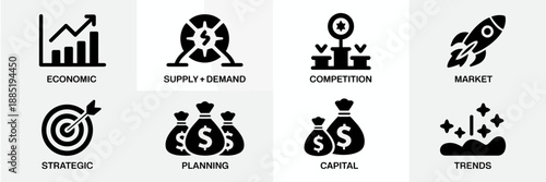 Business strategy and finance icons.