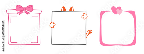 Cute hand drawn QR code frames with bows, hearts and playful animal inspired shapes. Whimsical style perfect for scan me signs, QR menus, social media, stickers, posters, printable designs.