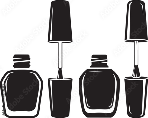 Elegant black and white illustrations of nail polish bottles with open caps and brushes, beauty and fashion.