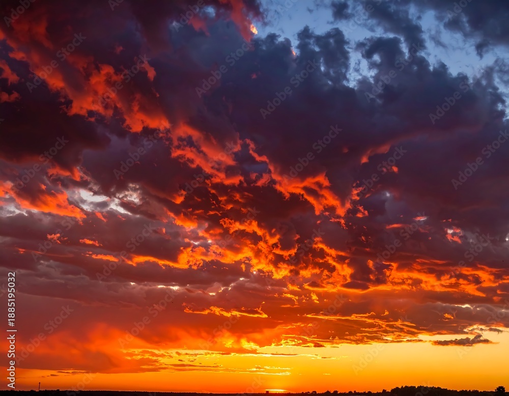 Obraz premium Dramatic sunset sky with vibrant orange, red, and purple hues. Dark clouds. Golden light