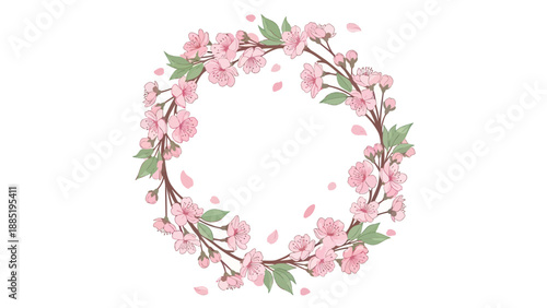 Delicate Pink Cherry Blossom Wreath with Falling Petals on White Background