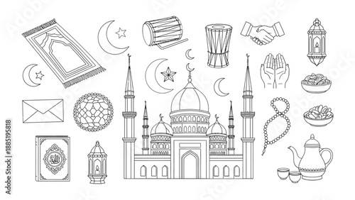 Hand drawn islamic symbols and architecture elements including mosque prayer rug crescent moon and ramadan lantern in a minimalist black and white style