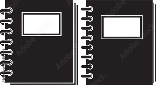 Two spiral bound notebook icons in black silhouette, ready for notes, journaling, or planning on a white background.