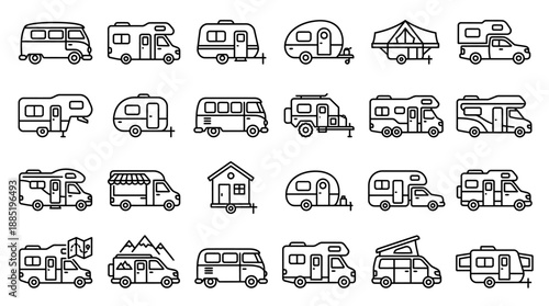 Camper Van Outline Icon Set 24 Icons